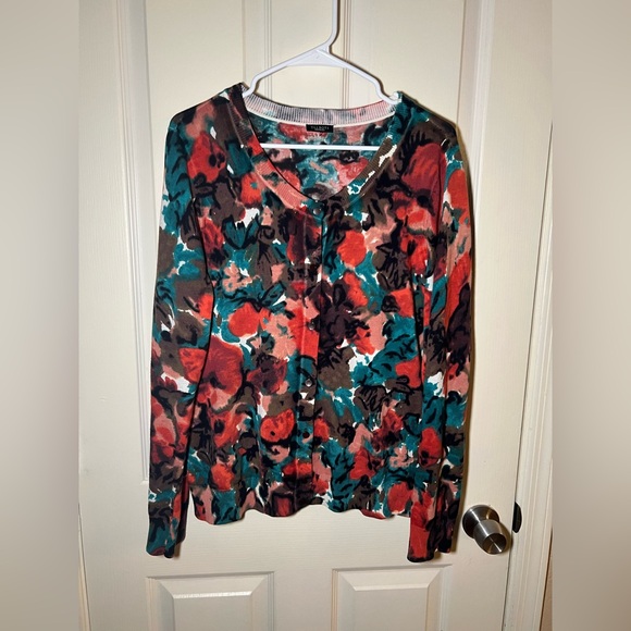 Talbots Sweaters - Talbots Floral Cardigan Size XL Cotton Blend Button Front Sweater Teal Rust
